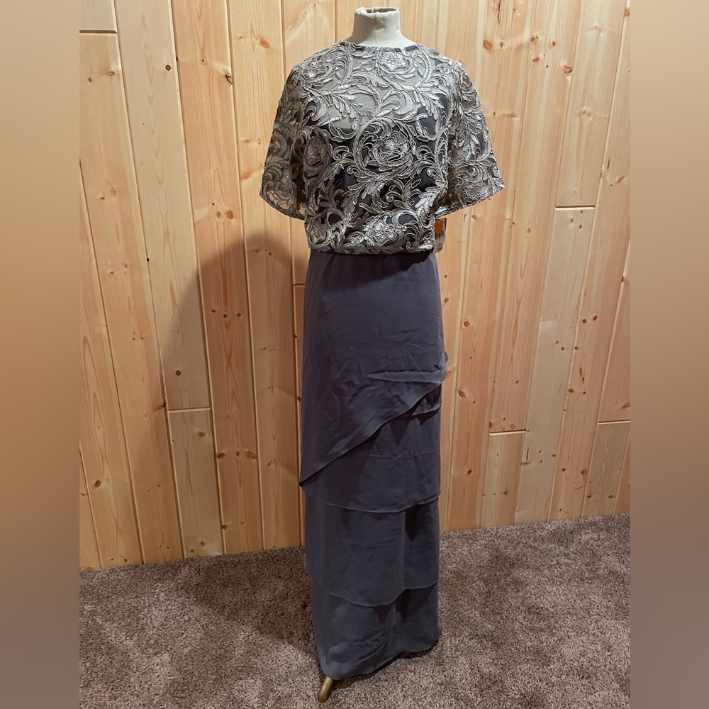 Maya Brooke Plus Long Dress Mother of the Bride 16W Grey Lace Sequined NWT